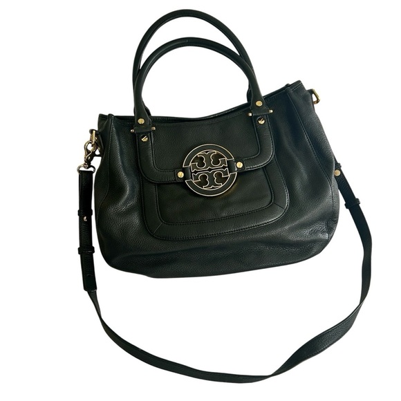 Tory Burch Amanda Black Pebbled Leather Convertible Hobo Satchel Gold Logo - Picture 1 of 16